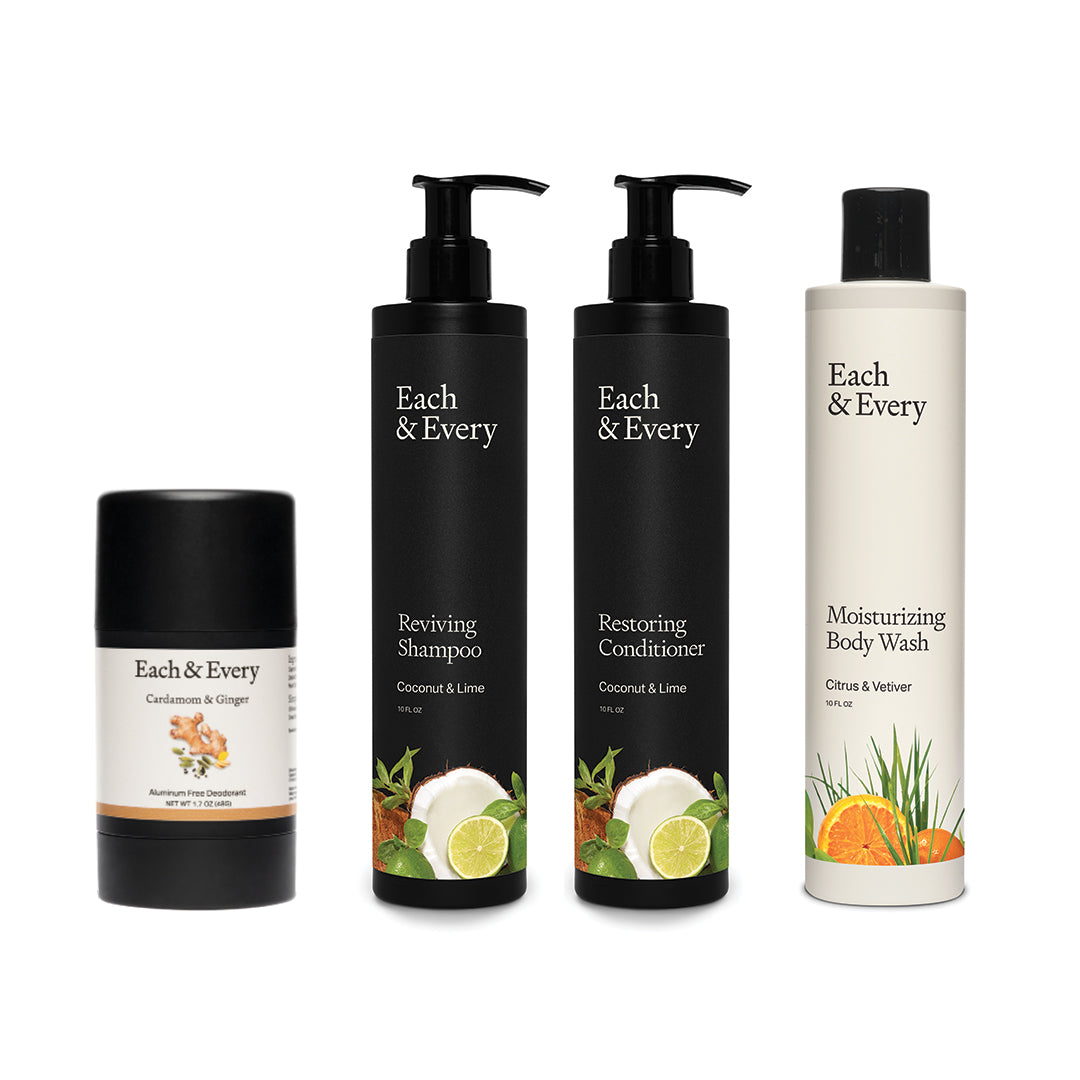 Each & Every Founder Faves Set featuring full size Cardamom & Ginger natural deodorant product, full size Coconut & Lime Shampoo & Conditioner duo products and a full size Citrus & Vetiver body wash product