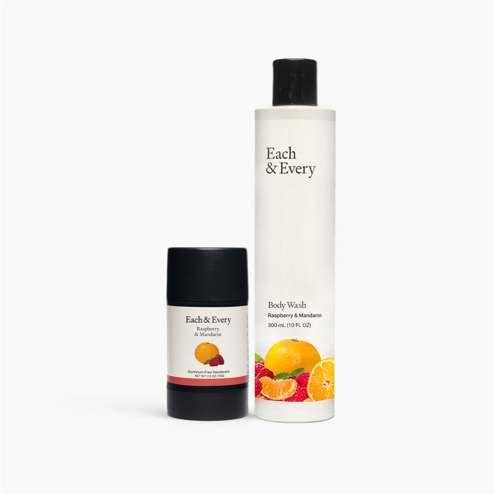 product Raspberry & Mandarin Deodorant and Bodywash on a white background