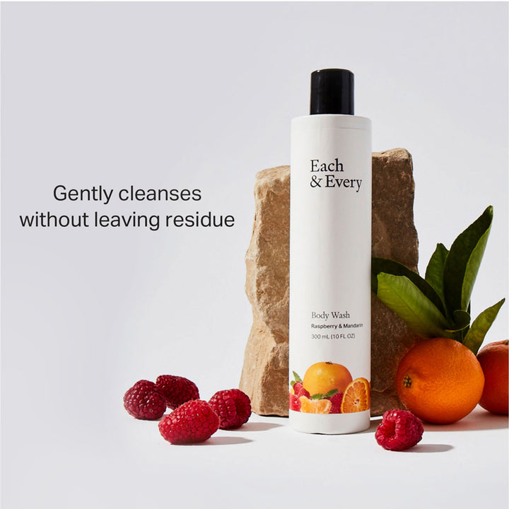 product Raspberry & Mandarin Body Wash with Oranges and Raspberries. Caption: Gently cleanses without leaving residue