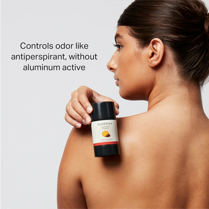 product Deodorant against a woman's back. Caption: Controls odor like antipersperant, without aluminum active.