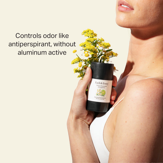 product Deodorant in woman's hand. Caption: Controls odor like antiperspirant, without aluminum active.
