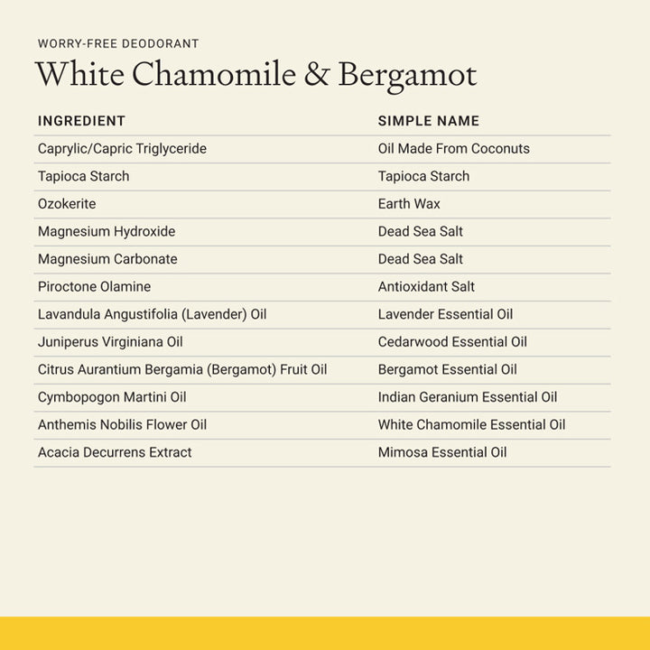 Each & Every White Chamomile & Bergamot natural deodorant product ingredient list