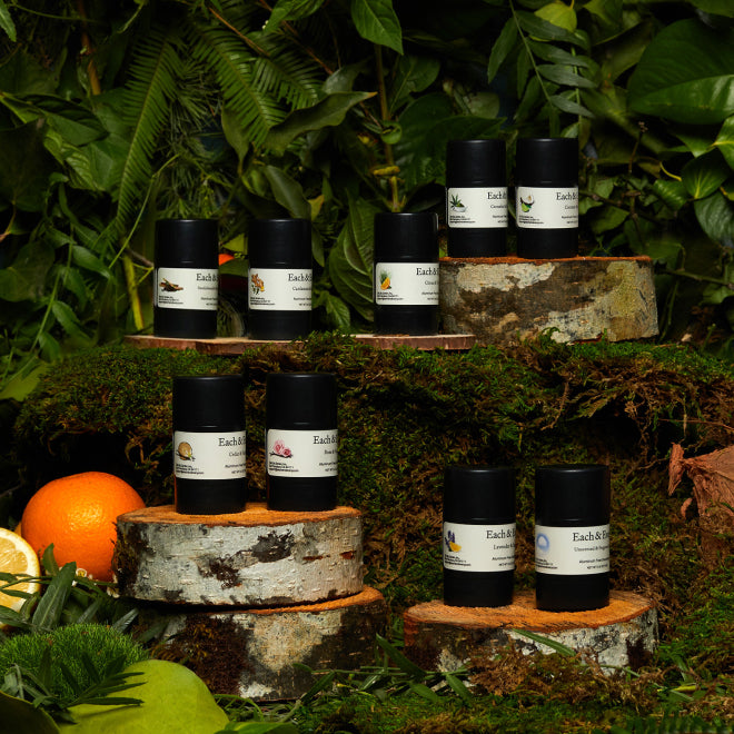 product 9 mini deodorants surrounded by plants