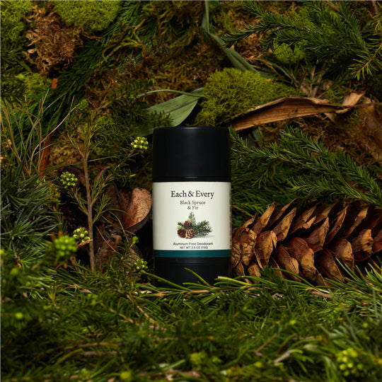 Each & Every Limited Edition Black Spruce & Fir deodorant product with ingredient imagery