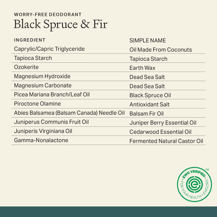 Each & Every Black Spruce & Fir natural deodorant product ingredient list